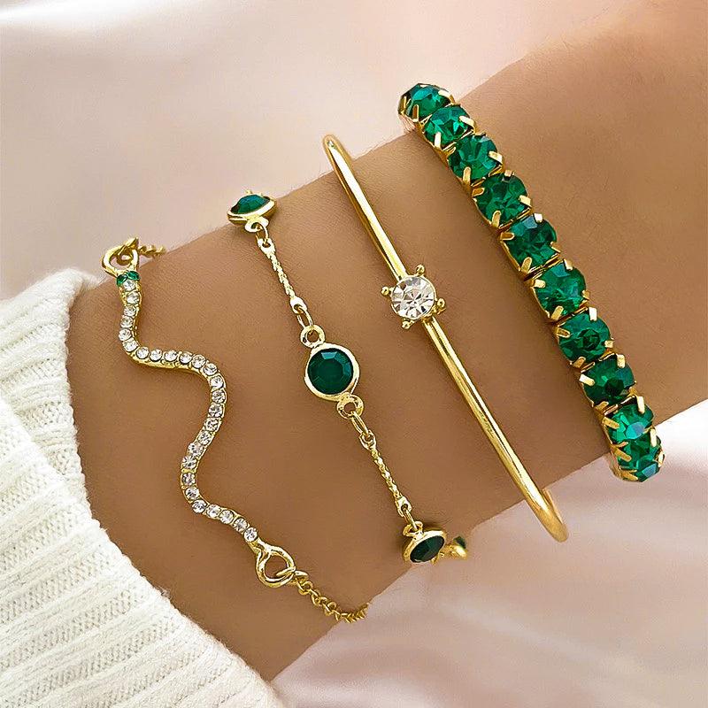 Set de 4 Pulseras con Cristales Verdes